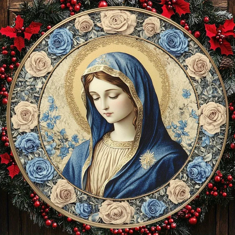 Decoração Católica Nossa Senhora com Rosas Azuis e Dourado